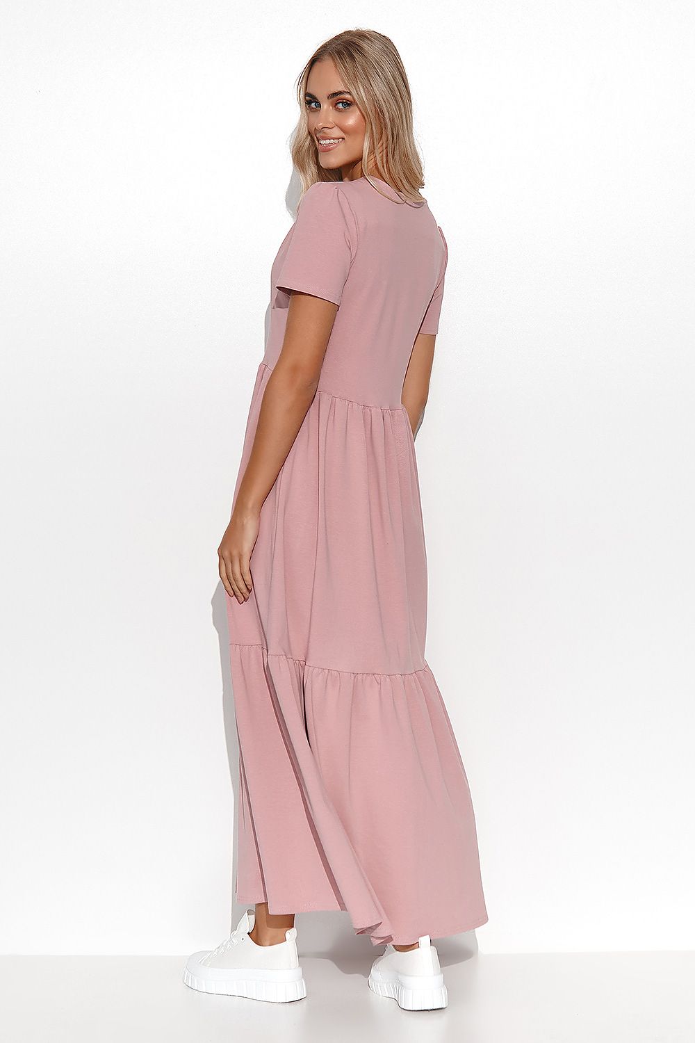 Elegant Makadamia Maxi Dress with Ruffles and V-Neckline - Timeless Feminine Charm, featuring a stunning v-neckline and soft knit fabric, perfect for any occasion.