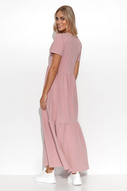 Elegant Makadamia Maxi Dress with Ruffles and V-Neckline - Timeless Feminine Charm, featuring a stunning v-neckline and soft knit fabric, perfect for any occasion.