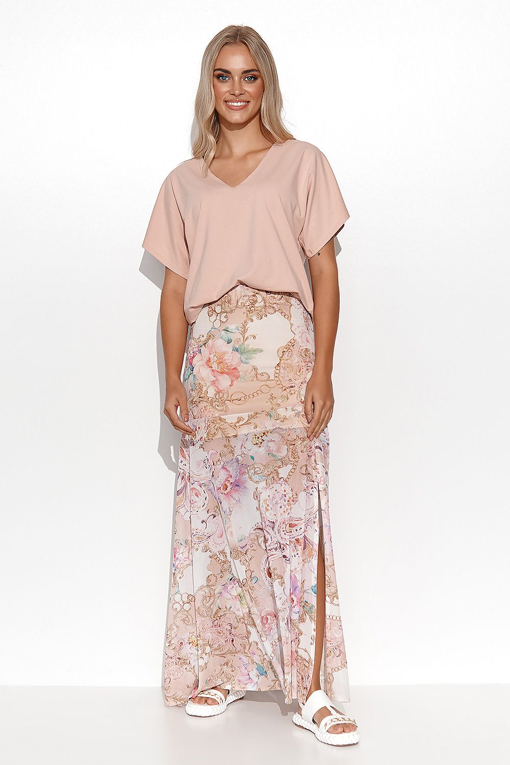 Luxury Long Flared Skirt with Side Slit by Makadamia, showcasing its versatile lightweight design, perfect for summer styling with sandals or sneakers.