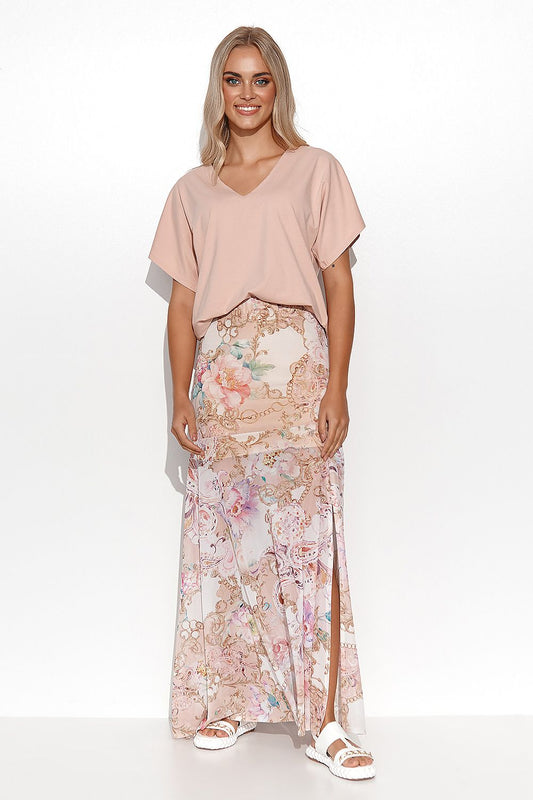 Luxury Long Flared Skirt with Side Slit by Makadamia, showcasing its versatile lightweight design, perfect for summer styling with sandals or sneakers.