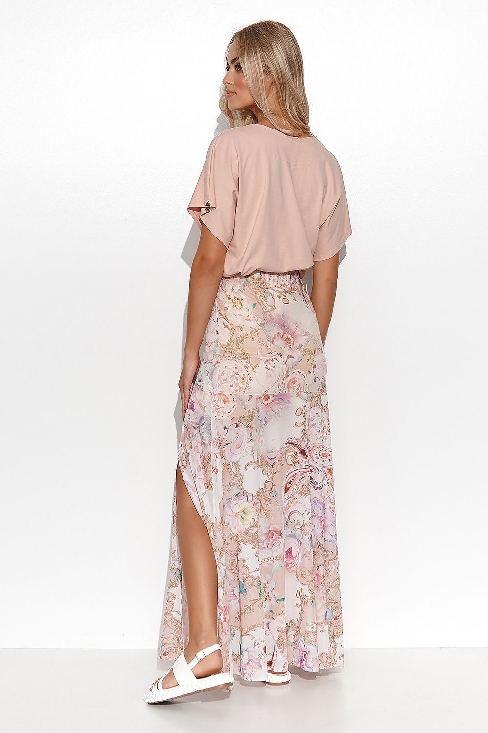 Luxury Long Flared Skirt with Side Slit by Makadamia in a lightweight design, showcasing the elegant silhouette and beautiful patterns suitable for versatile styling.