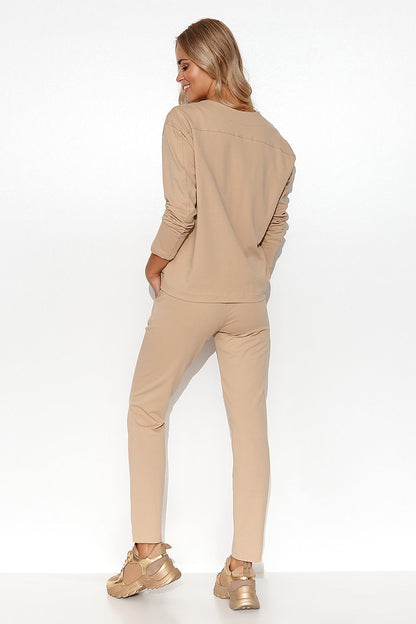 Full ensemble of the Elegant Makadamia Women's Tracksuit Set with V-Neck Blouse and Straight Leg Pants, embodying modern elegance and comfort.