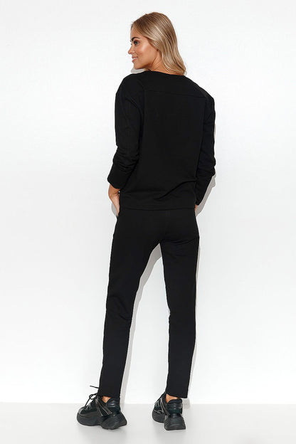 The full Elegant Makadamia Women's Tracksuit Set with the V-Neck Blouse and Straight Leg Pants, ideal for chic casual wear.