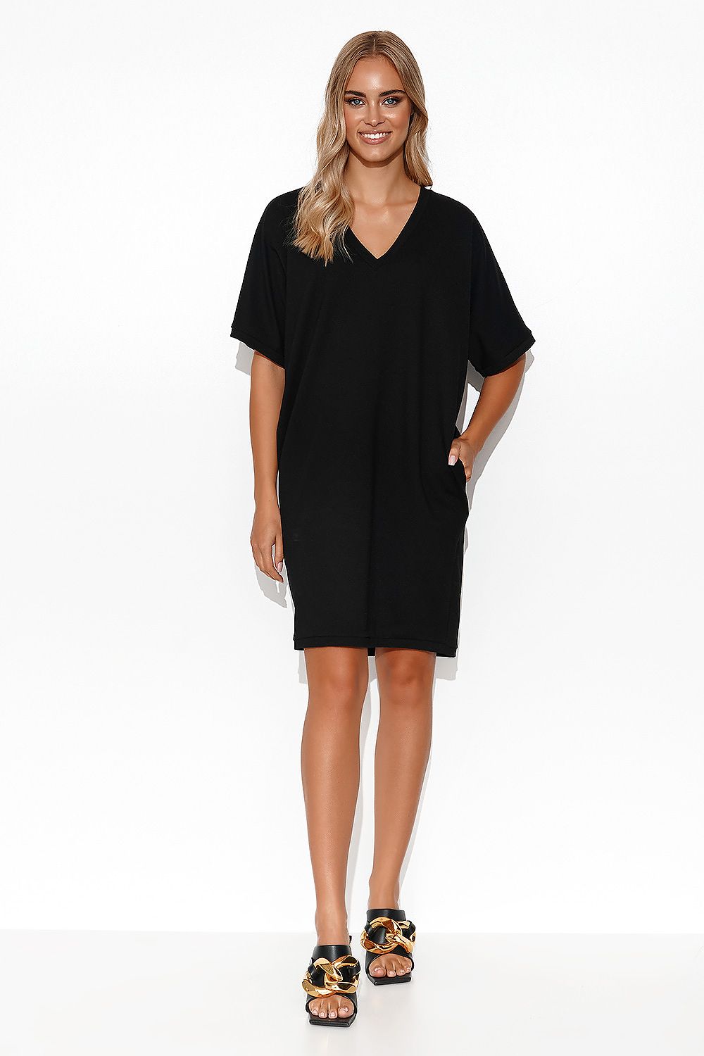 Full view of the Luxury Makadamia Kimono Dress, demonstrating its flattering silhouette ideal for apple-type figures.