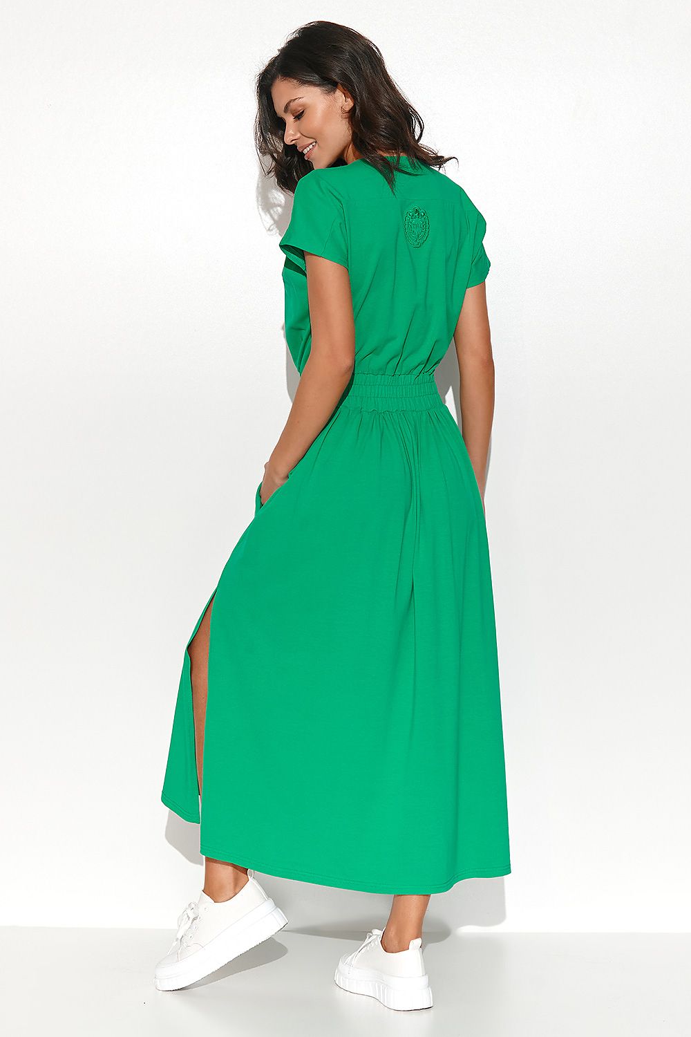 Numinou Long Asymmetrical Dress with Drawstring Waist and Side Pockets - Close-up of the round neckline and drawstring waist design, highlighting its luxury casual appeal.