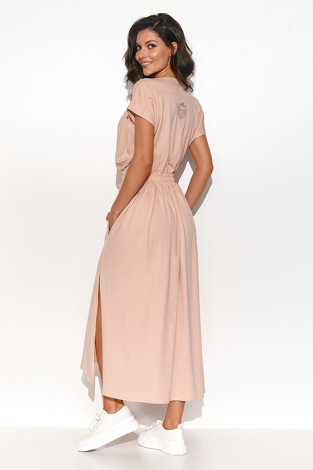 Numinou Long Asymmetrical Dress with Drawstring Waist and Side Pockets - Rear view showcasing the longer back design and draped effect, perfect for a chic yet casual look.