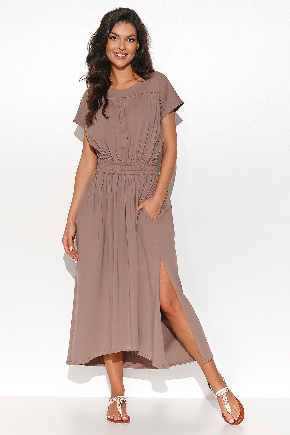 Elegant Numinou Long Asymmetrical Dress with Drawstring Waist, featuring side pockets and draping, perfect for a chic casual style.