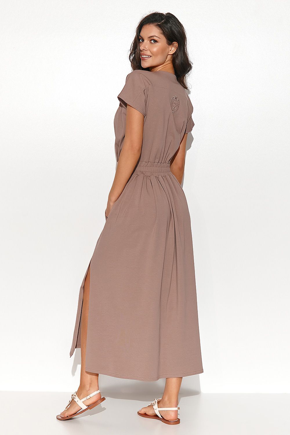Stylish Numinou Long Asymmetrical Dress showcasing a round neckline and short sleeves, ideal for a luxurious casual look.