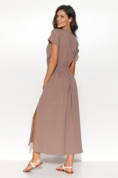 Stylish Numinou Long Asymmetrical Dress showcasing a round neckline and short sleeves, ideal for a luxurious casual look.