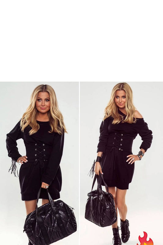 Close-up of the Elegant Black Tracksuit Dress with Wide Belt and Boat Neckline by O La La, showcasing the detailed laced belt and fine craftsmanship.