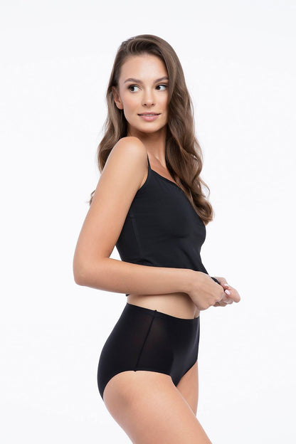 Elegant display of Julimex High-Waisted SIMPLE MAXI Panties, designed with patented JULIMEX INVISIBLE-LINE technology, perfect for a seamless look under tight-fitting outfits.