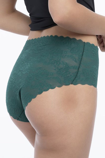 Julimex Elegant Lace High-Waisted Panties for Women in Bottle Green with Floral Design, showcasing seamless comfort and exquisite lace detailing.
