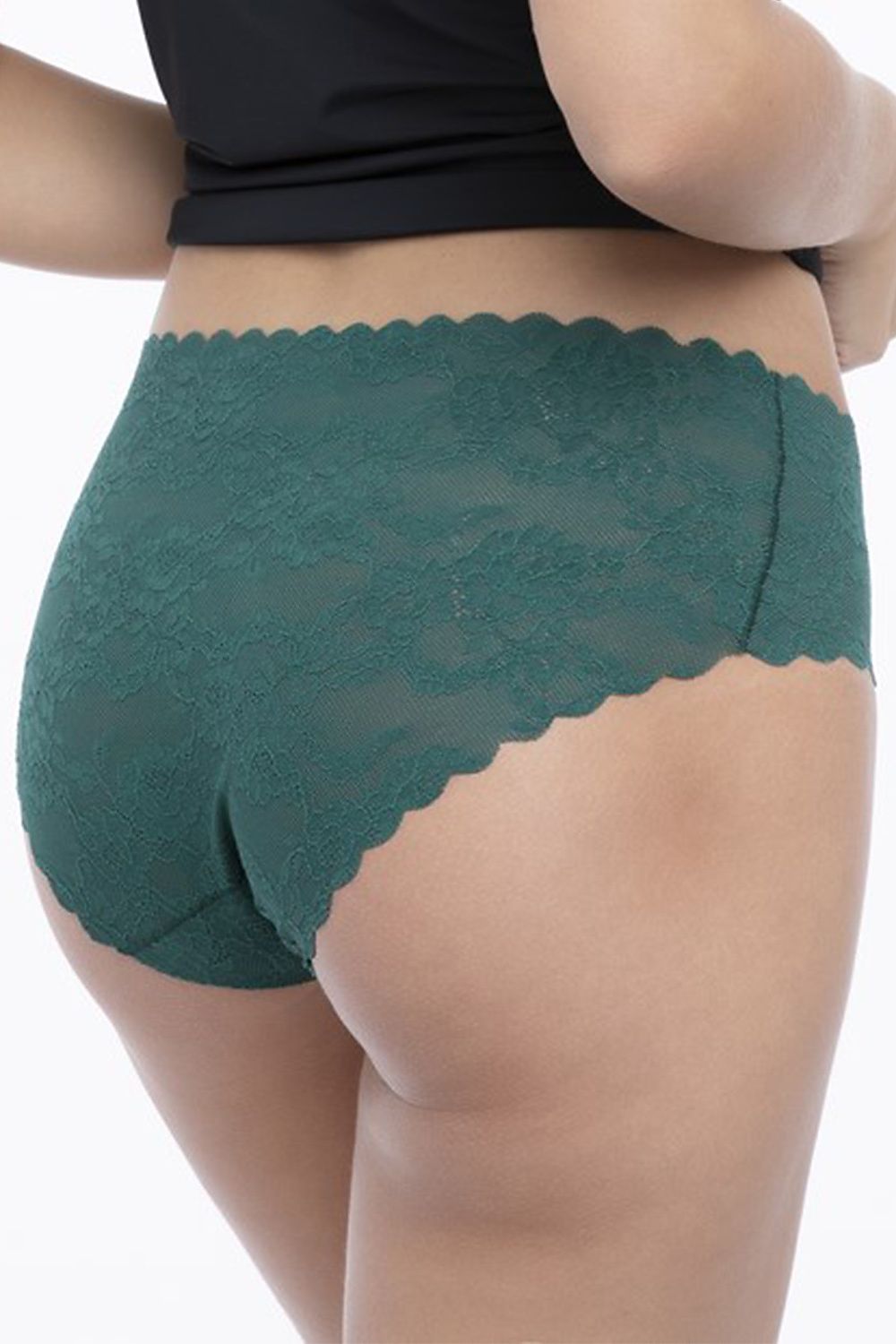 Julimex Elegant Lace Panties in Bottle Green featuring a seamless design and a cotton hygiene insert, showcasing intricate floral lace patterns and a luxurious seashell edge, perfect for invisible under tight clothing.