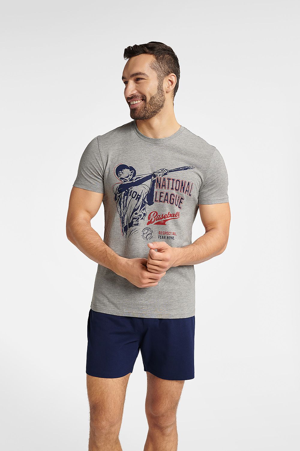 Men's Sporty Cotton Pyjamas Set - Gray T-Shirt & Navy Blue Shorts with Baseball Print by Henderson, showcasing the stylish t-shirt with a baseball player print and comfortable navy blue shorts, perfect for casual wear or athletic activities.