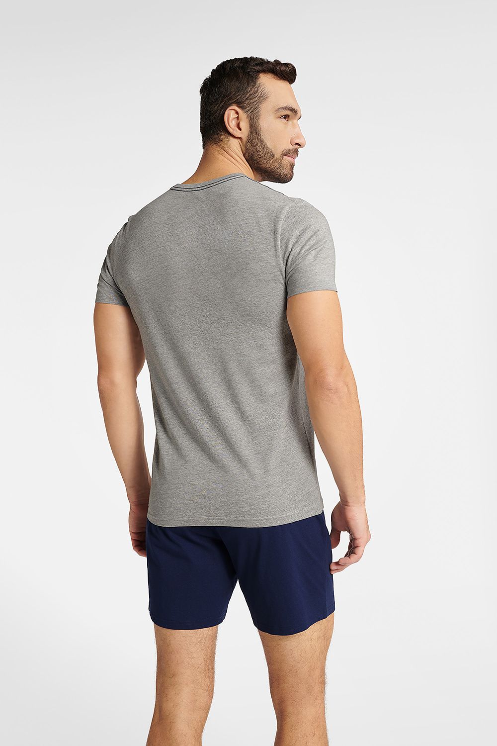 Men's Sporty Cotton Pyjamas Set - Gray T-Shirt & Navy Blue Shorts with Baseball Print by Henderson, highlighting the luxurious cotton fabric blend, ideal for ensuring both comfort and style during sleep or workouts.