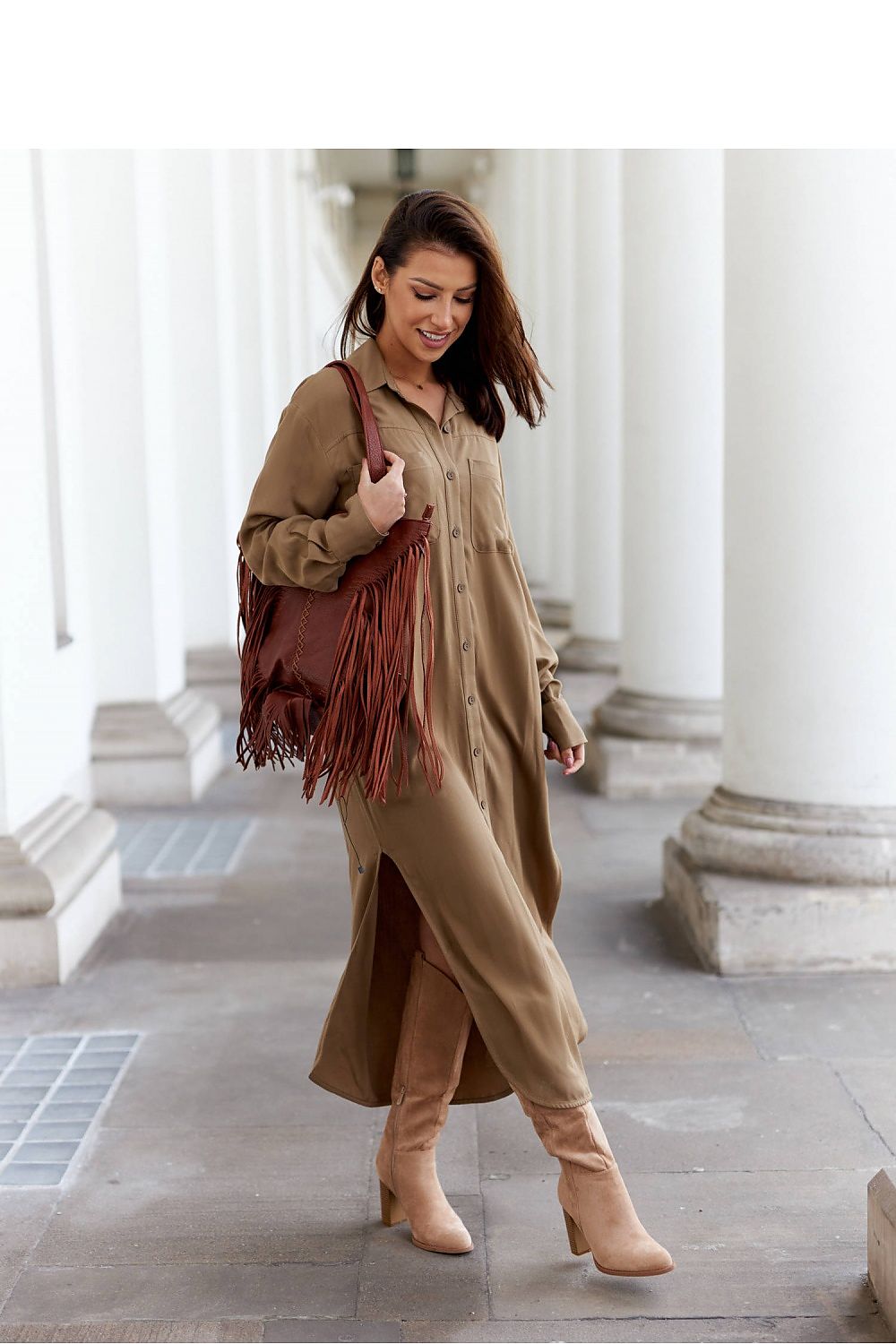 LeMonada luxurious cotton maxi shirt dress featuring elegant side slits and classic button closure, perfect for a sophisticated summer look.