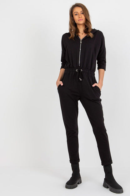Elegant women's hooded jumpsuit by Relevance featuring 3/4 sleeves, a zippered front, and practical side pockets in a luxurious cotton blend.
