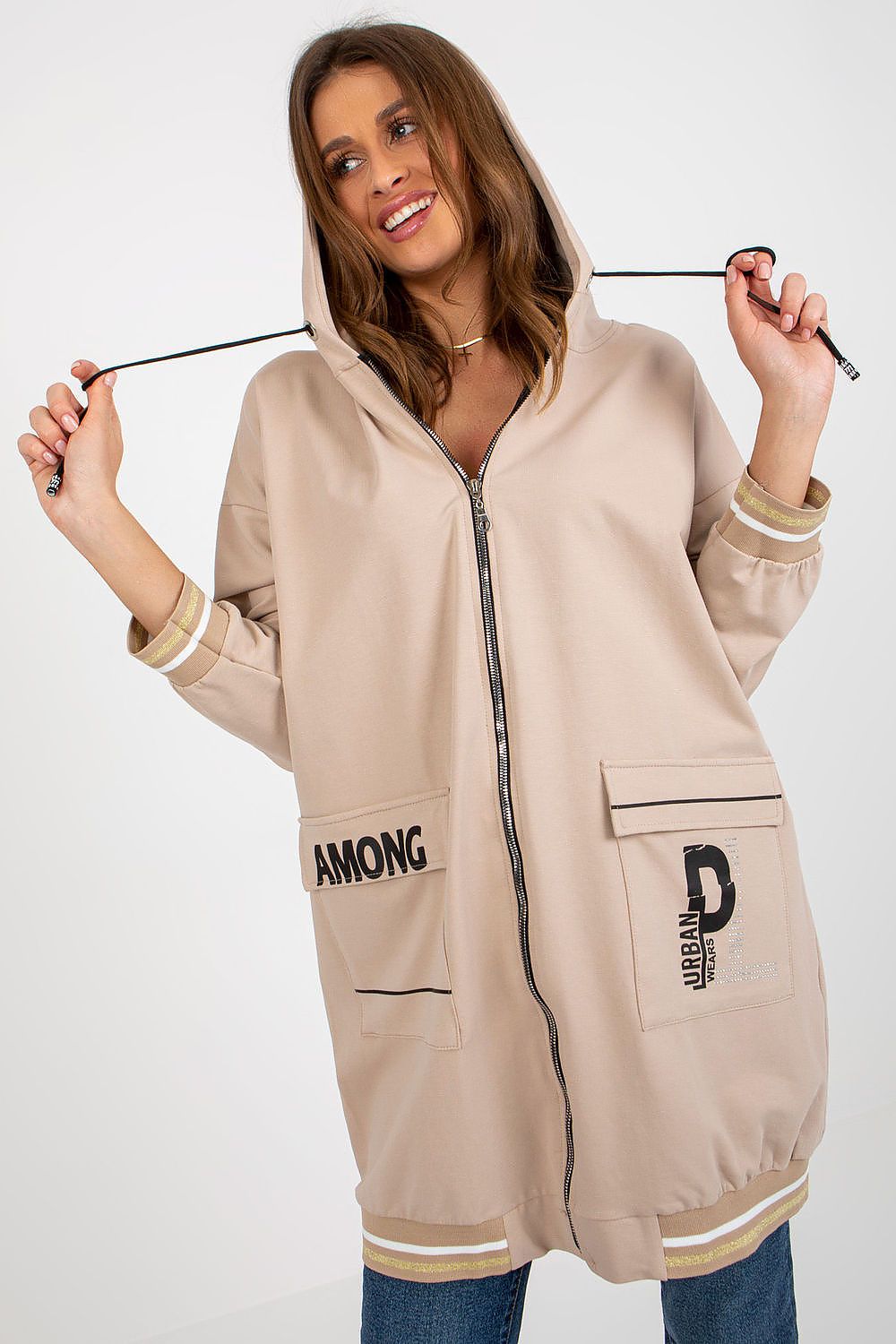 Women's Extended Cut Hoodie Sweatshirt with Zipper and Large Front Pockets in luxurious cotton and spandex blend, featuring a stylish design and comfort fit.