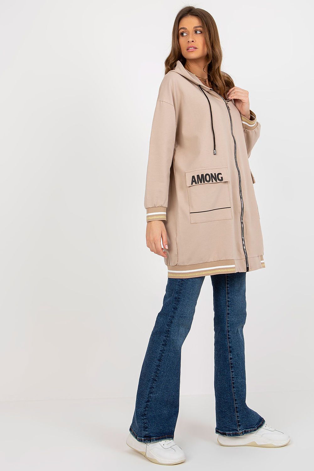 Luxury Women's Extended Cut Hoodie Sweatshirt with Zipper and Large Front Pockets, elegantly designed for comfort and style.