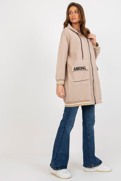 Luxury Women's Extended Cut Hoodie Sweatshirt with Zipper and Large Front Pockets, elegantly designed for comfort and style.