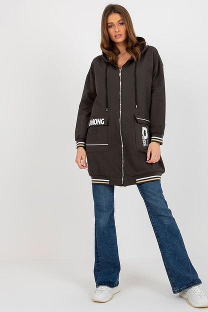 Sophisticated Women's Extended Cut Hoodie Sweatshirt with a zippered design and spacious front pockets, perfect for layering in elegance.