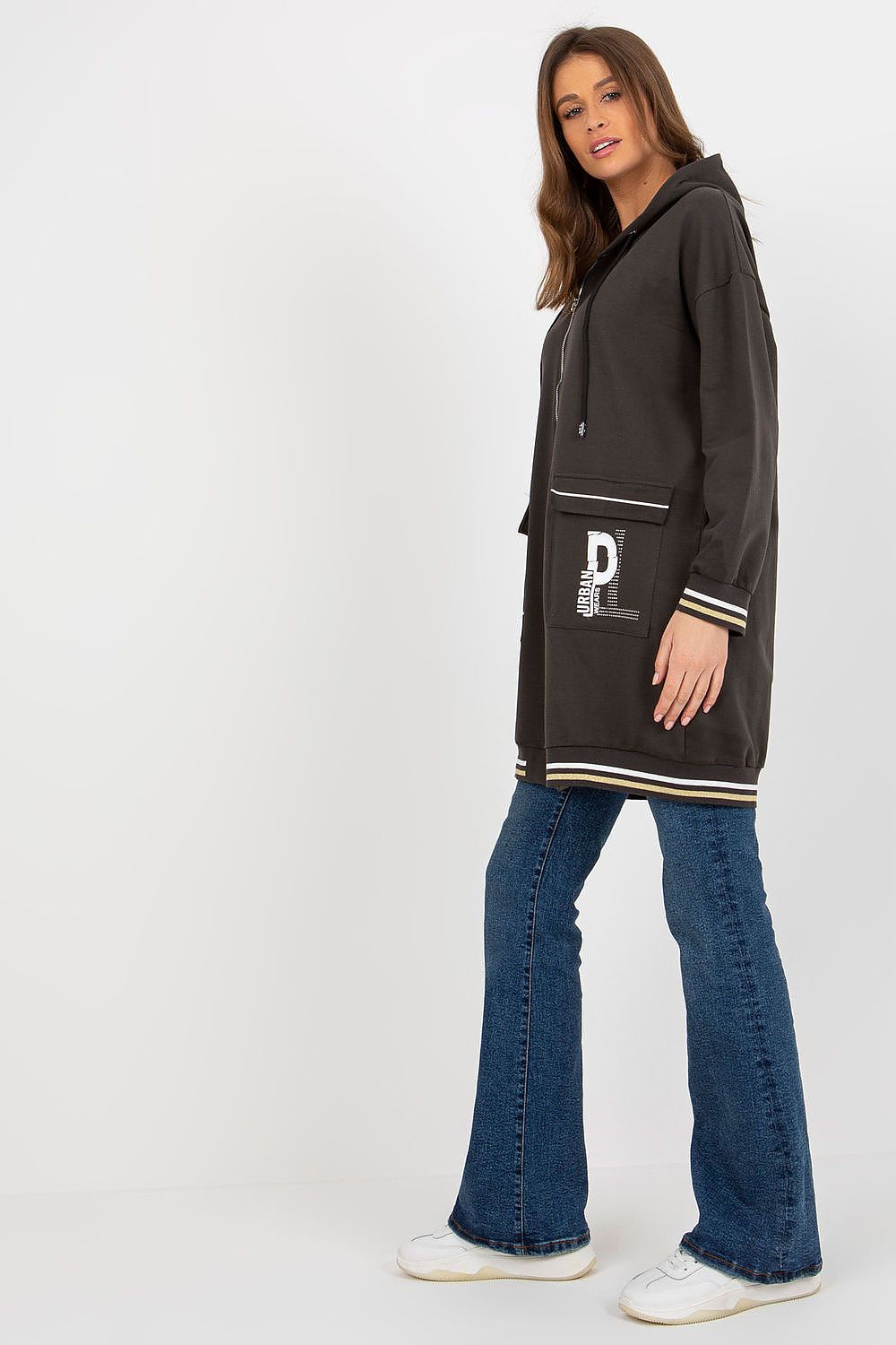 Fashionable Women's Extended Cut Hoodie Sweatshirt, designed with a zipper and large front pockets, blending functionality and luxury.