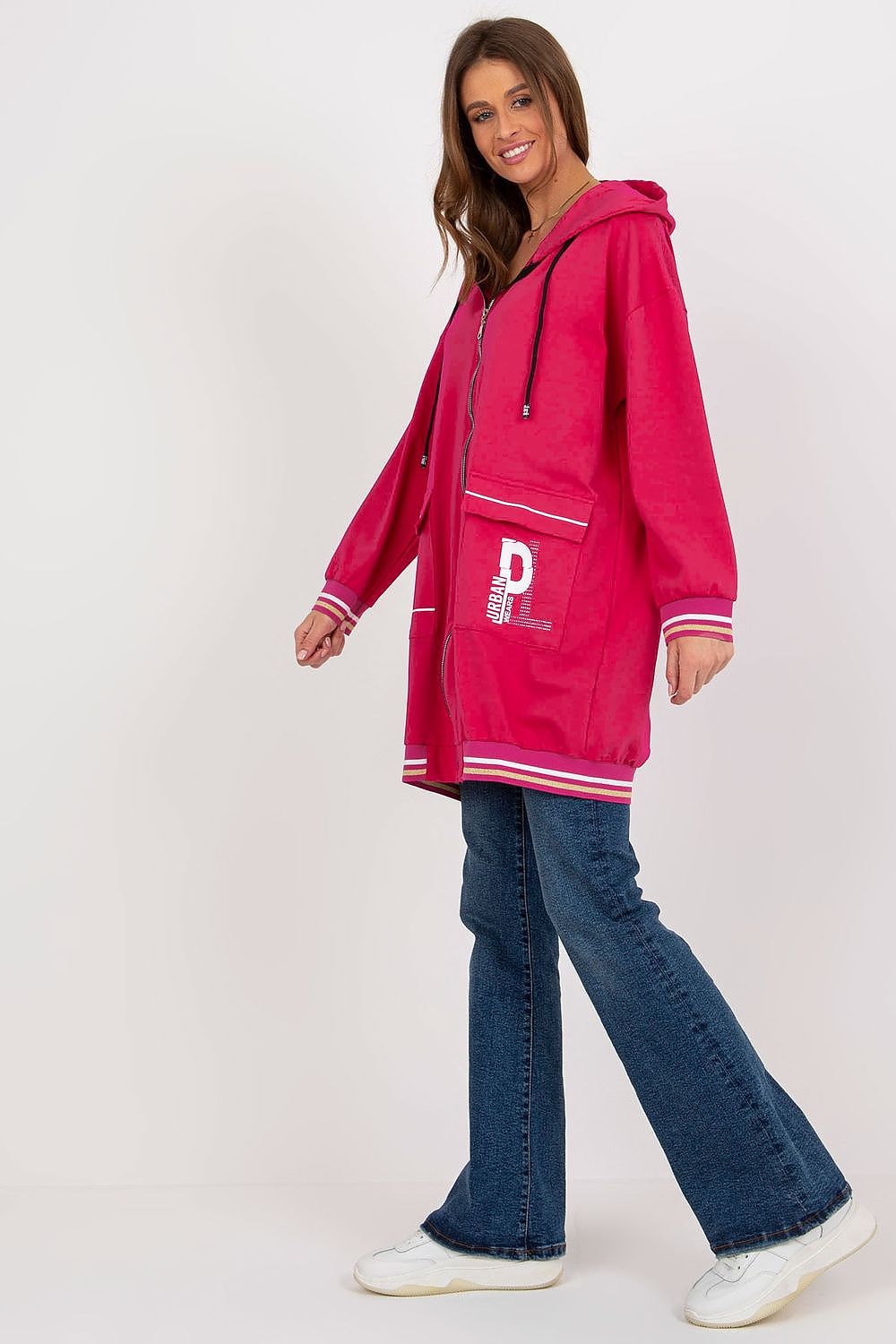 Chic Women's Extended Cut Hoodie Sweatshirt with high-quality zipper and spacious front pockets, designed for a luxurious feel.