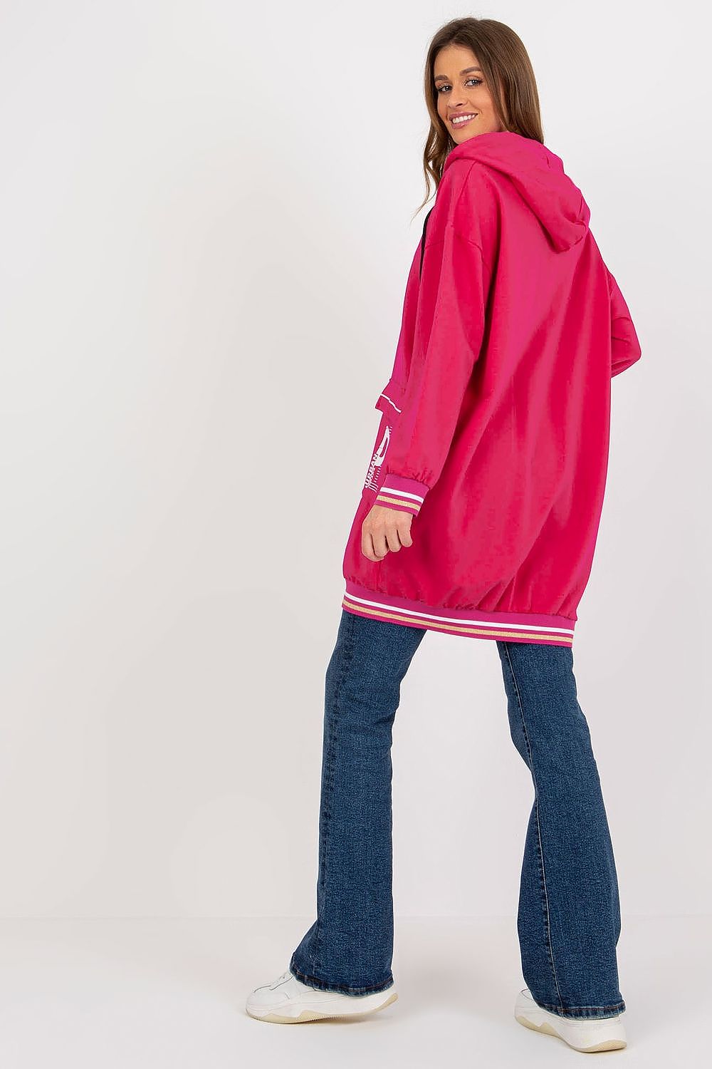 Luxurious Women's Extended Cut Hoodie Sweatshirt showcasing a modern design with a convenient zipper and generous front pockets.