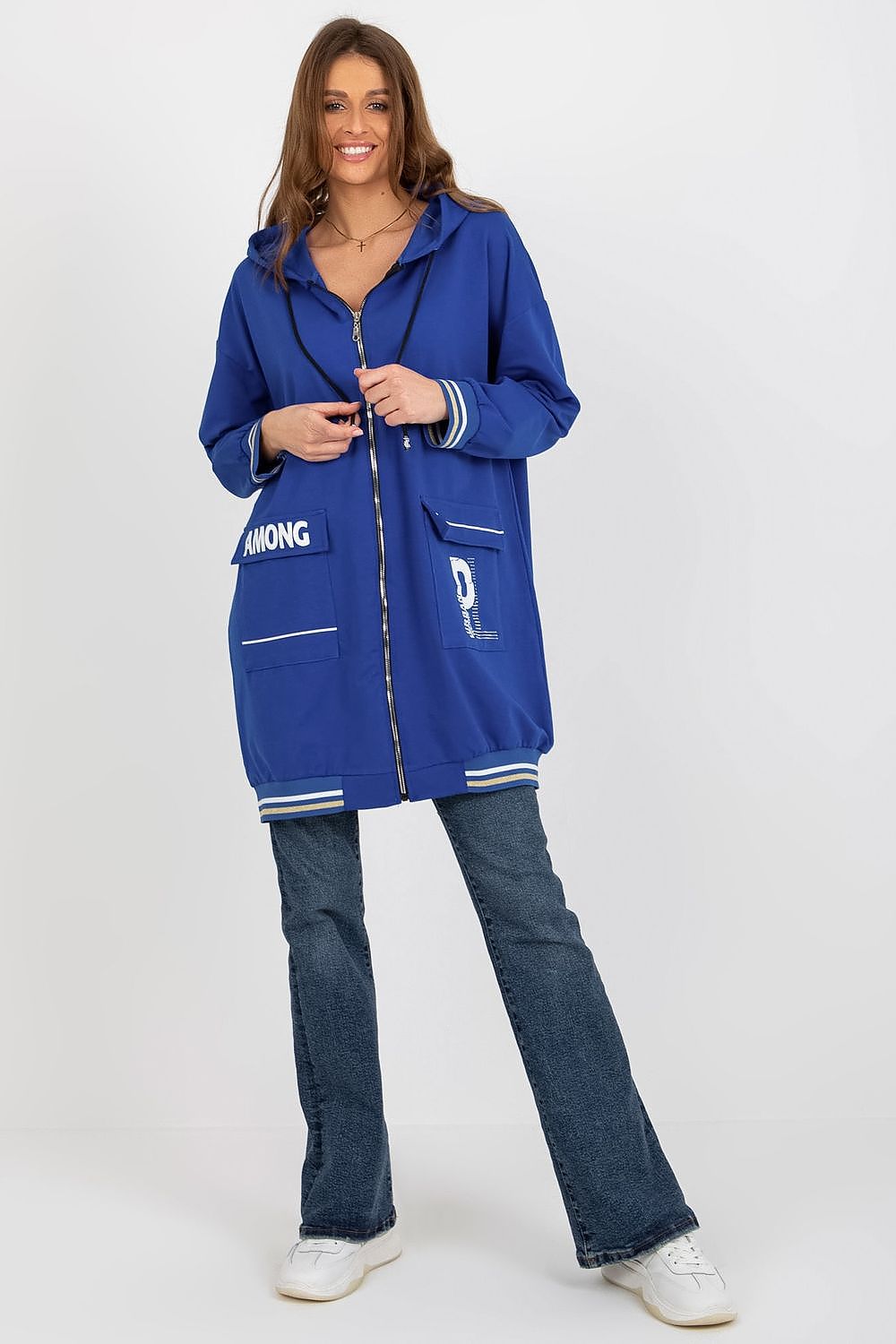 Fashion-forward Women's Extended Cut Hoodie Sweatshirt complete with a stylish zipper and ample front pockets, epitomising luxury.