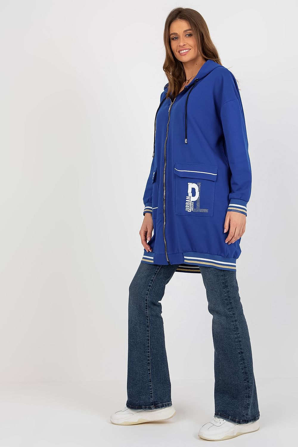 Luxurious Women's Extended Cut Hoodie Sweatshirt with Zipper and Large Front Pockets in a stylish setting.