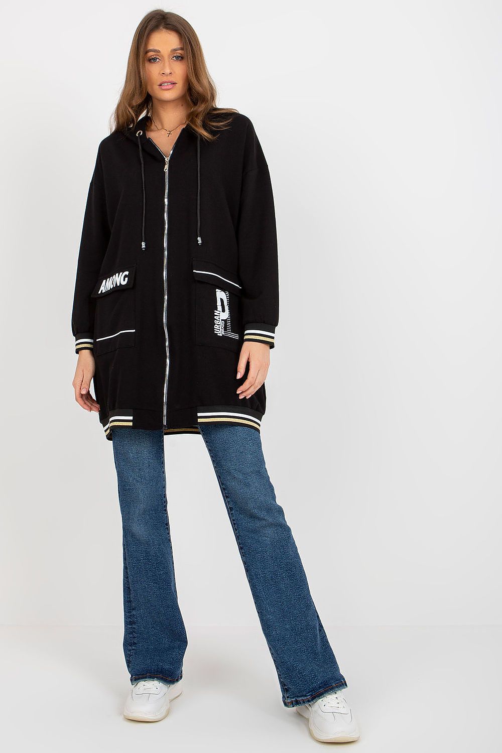 Sleek Women's Extended Cut Hoodie Sweatshirt with Zipper and Large Front Pockets featured in a minimalist environment.
