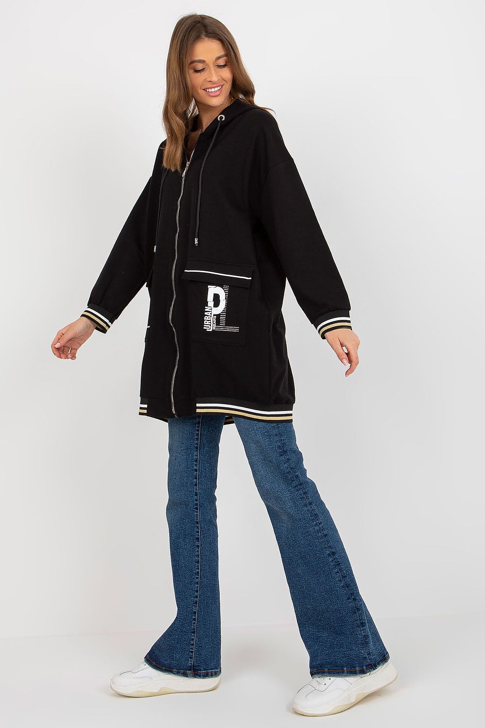 Women's Extended Cut Hoodie Sweatshirt with Zipper and Large Front Pockets, crafted from 90% cotton and 10% spandex for elegant comfort and style.