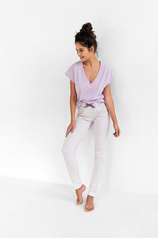 Luxury Women's Fine Cotton Pyjamas Set featuring a Short Sleeve T-Shirt and Long Pants, designed for a perfect fit.