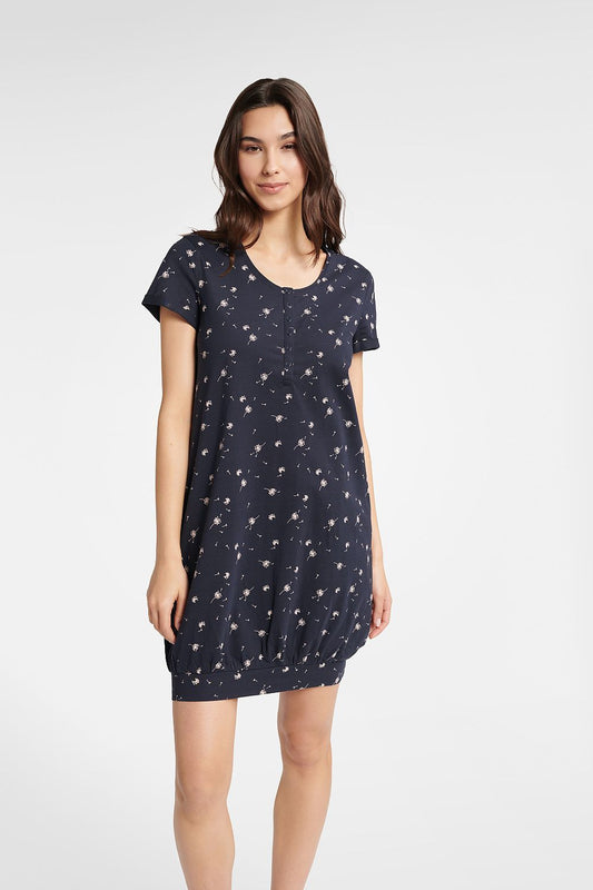 Elegant BLOW cotton women's navy blue nightgown, featuring snap buttons and a charming blowfish motif. This sophisticated sleepwear by Henderson offers comfort and style with its airy fabric, shallow boat neckline, and pleated short sleeves.