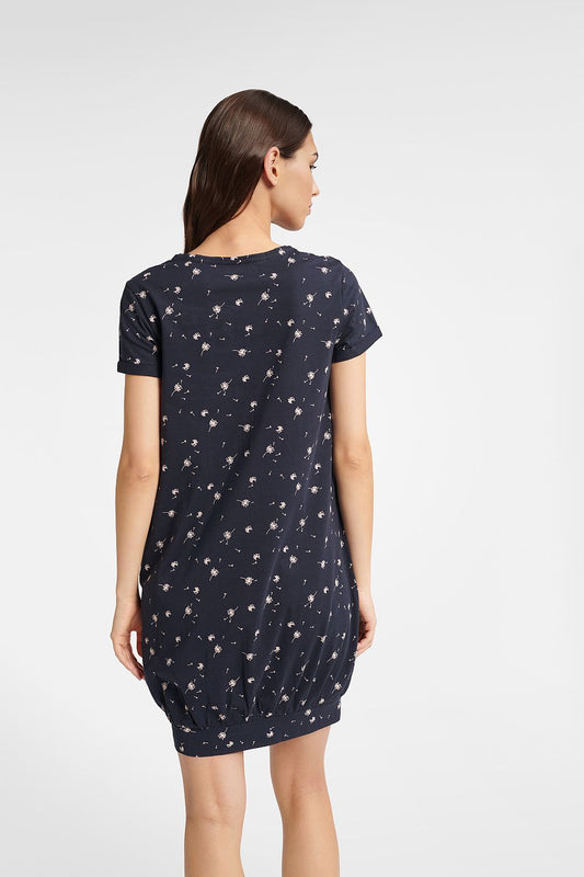 Elegant BLOW cotton women's navy blue nightgown featuring a stylish blowfish motif, designed by Henderson. Showcasing the garment's back view, highlighting its comfortable fit and practical snap button detail for a sophisticated sleepwear experience.