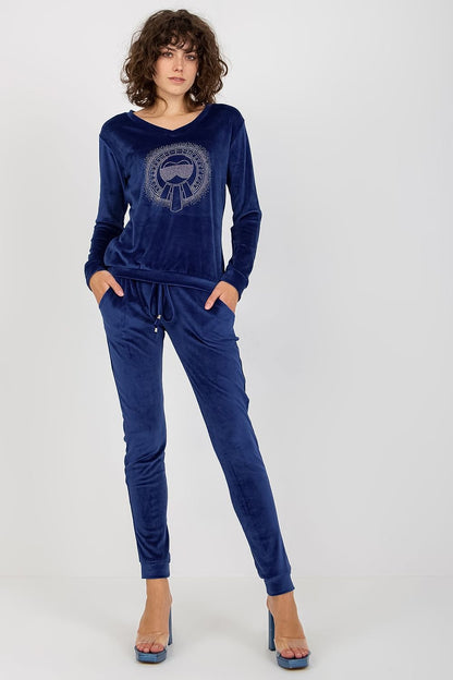 Luxury navy blue velour blouse and pants set with a distinctive heart neckline, complemented by a stylish design, by Relevance.