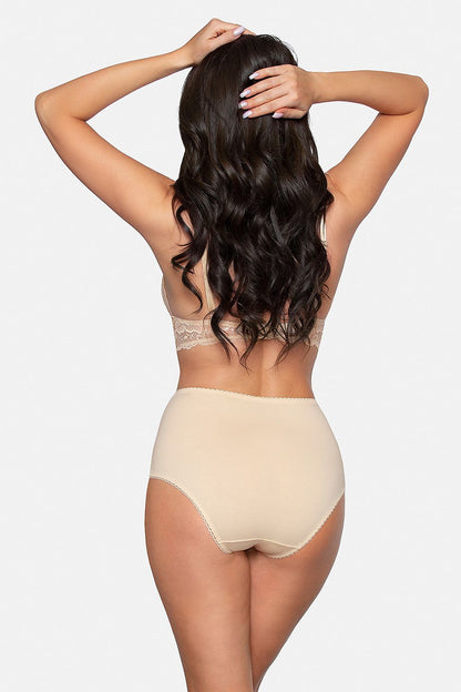 Rear view of luxury high-waisted cotton panties with lace inserts by Babell, showcasing a comfortable and elegant fit. Perfect for all sizes.