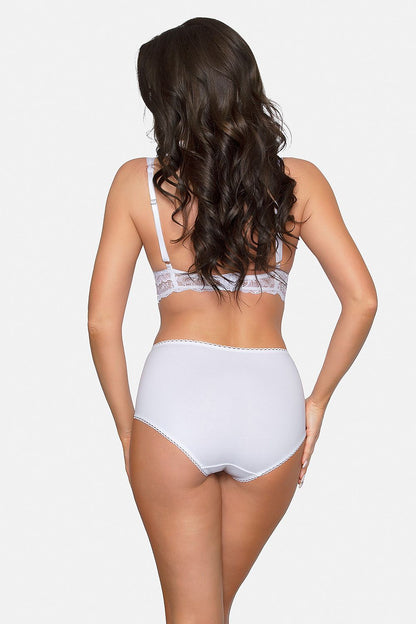 Back view of chic white high-waisted cotton lace panties by Babell, highlighting intricate lace detailing.