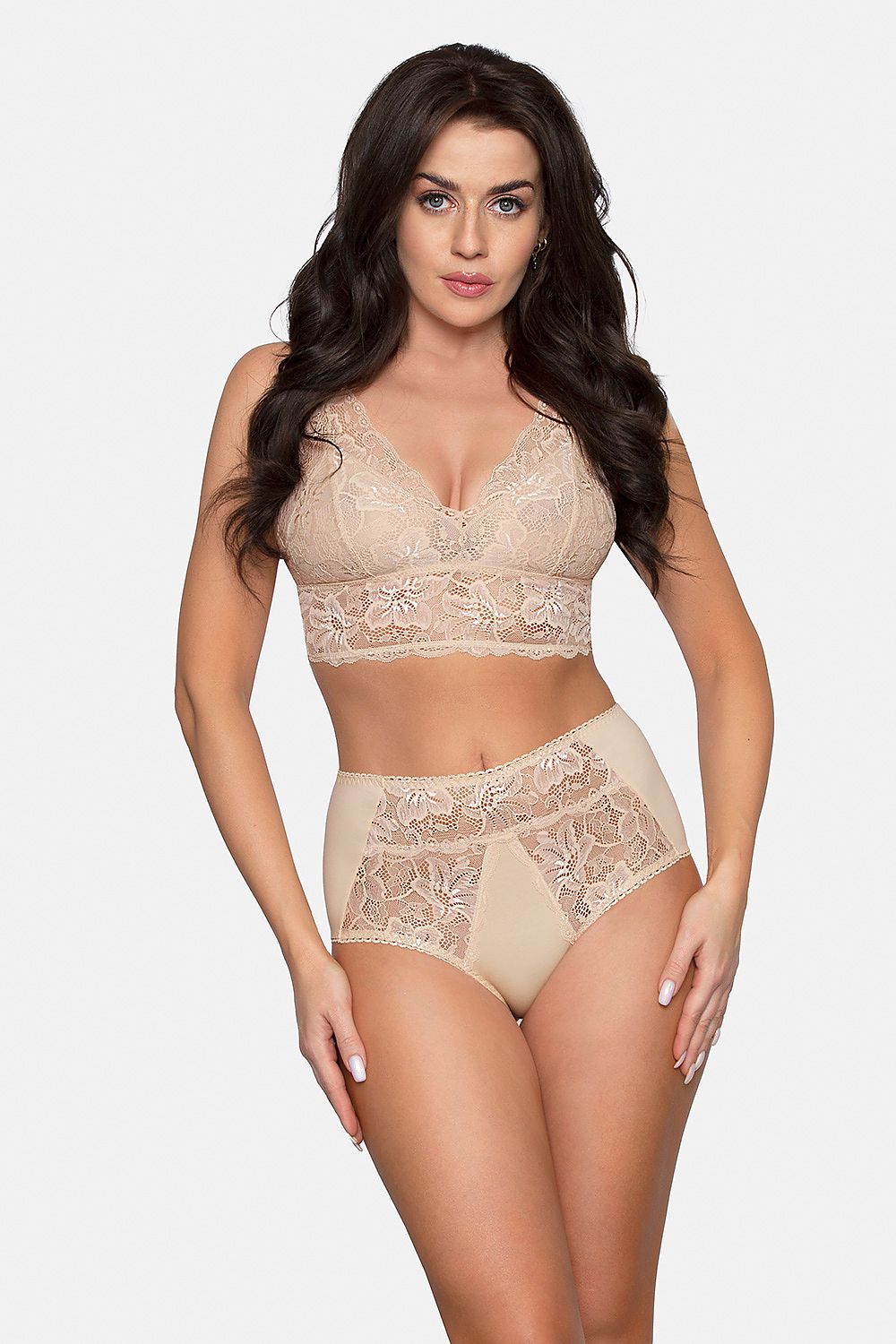 Luxury high-waisted cotton lace panties by Babell featuring an elegant design, showcasing exquisite lace and a comfortable fit, modelled on a female figure.