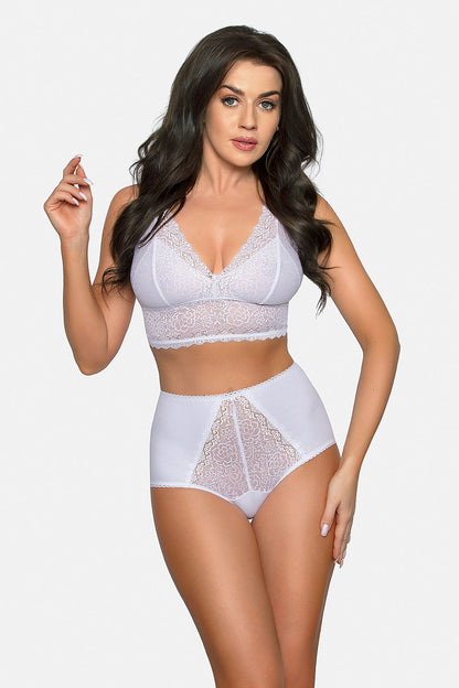 Babell luxury high-rise cotton panties in white with intricate lace inserts, modelled with a complementary lace bra, exuding a luxurious appeal and grace.