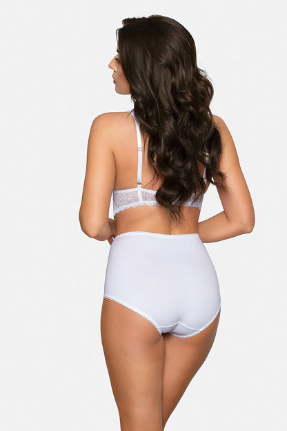 Elegant back view of Babell luxury high-rise cotton panties showcasing rich white fabric and delicate lace detailing, paired with a matching bra. Perfect for comfort and style.