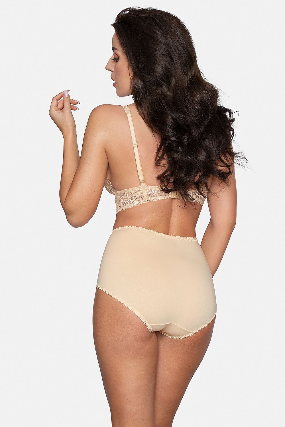 Stylish back view of Babell high-rise cotton panties in nude, highlighting the smooth fabric and tasteful lace accents, complemented by a matching lace bralette.