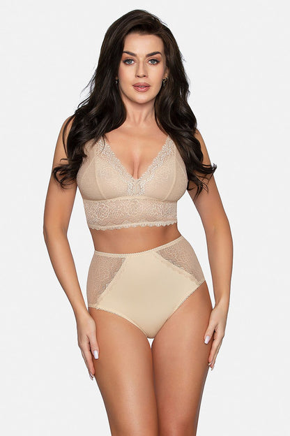 Luxurious high-waisted lace panties by Babell, showcased on a model with long dark hair, highlighting the elegant lace details and comfortable fit.