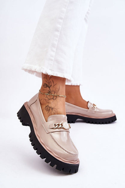 Chic Eco Leather Moccasins with decorative chain detail, highlighting a sophisticated look against a white backdrop, by Step in Style.