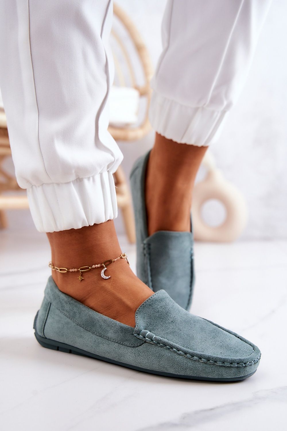 Elegant lightweight suede moccasins in soft blue, featuring a natural leather insole, perfect for a stylish everyday look, by Step in style.
