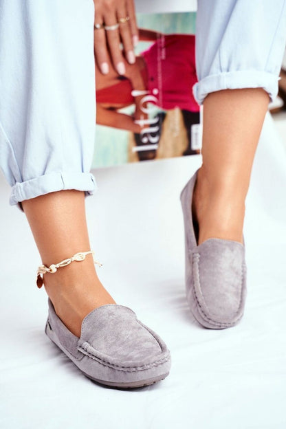 Elegant luxury moccasins in soft grey suede, featuring a comfortable natural leather insole, perfect for stylish everyday wear by Step in Style.