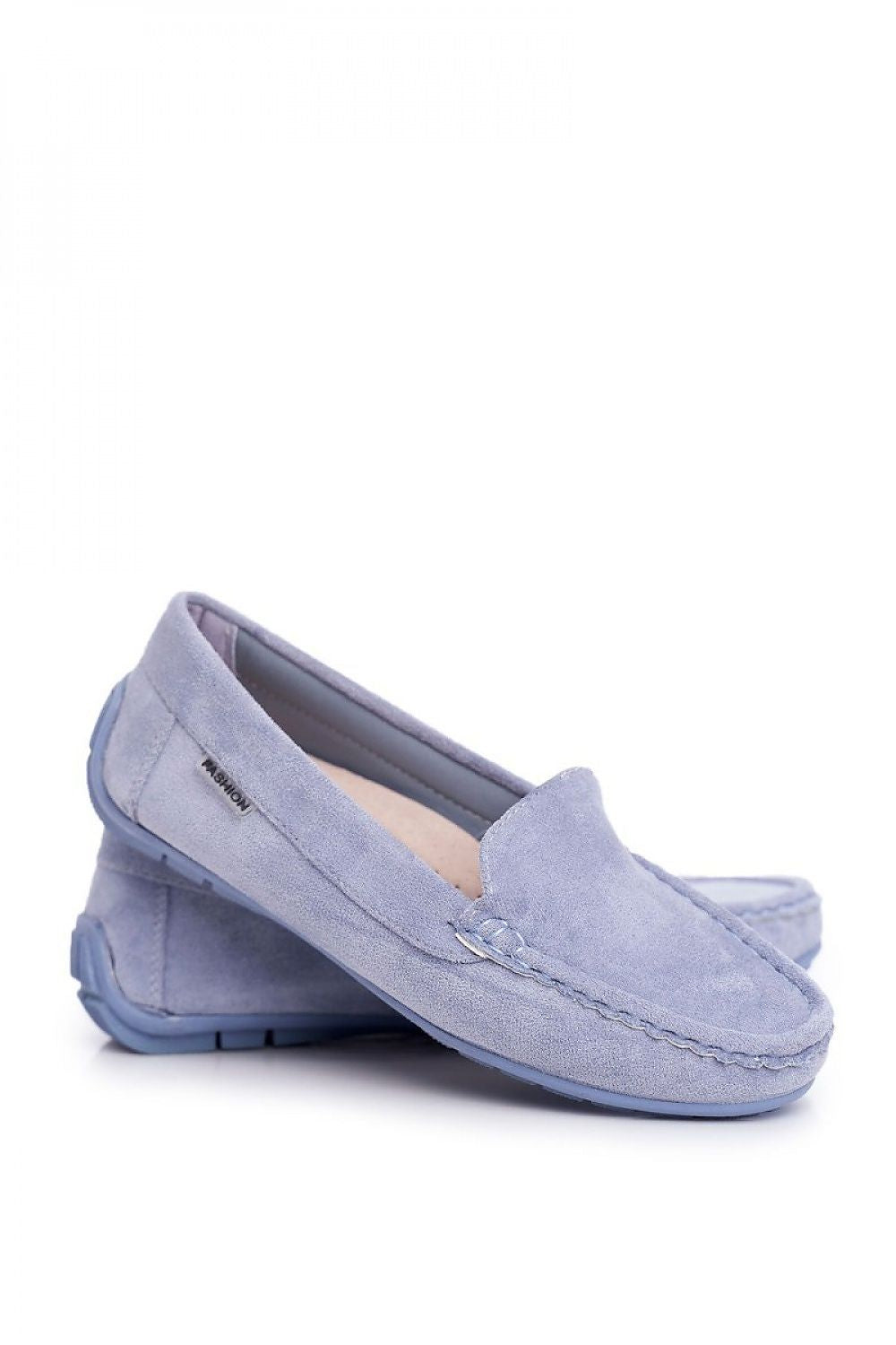 Luxury light blue moccasins elegantly displayed on a white background, featuring soft suede and a comfortable natural leather insole by Step in Style.