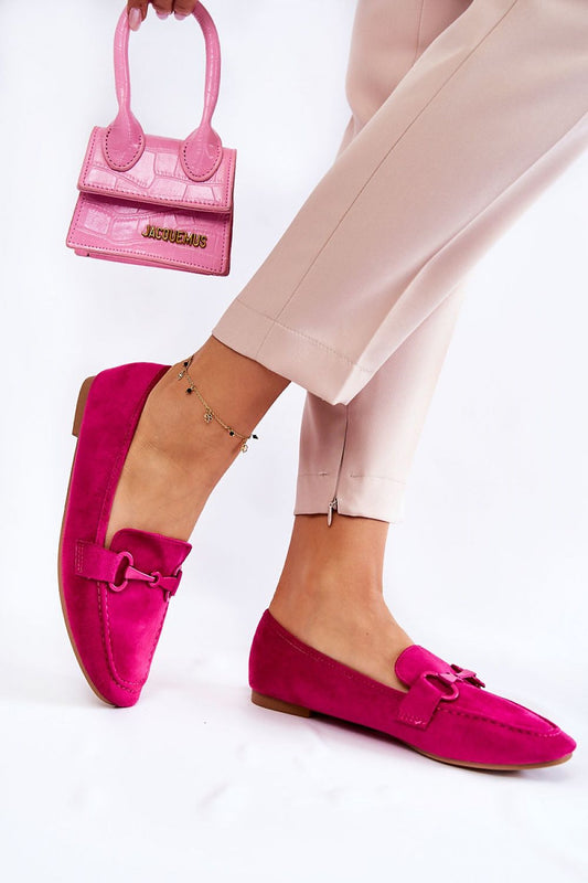 Chic pink Eco Suede Moccasins by Step in Style, styled with matching handbag, highlighting the luxurious design and flat heel in a fashionable outfit setting.