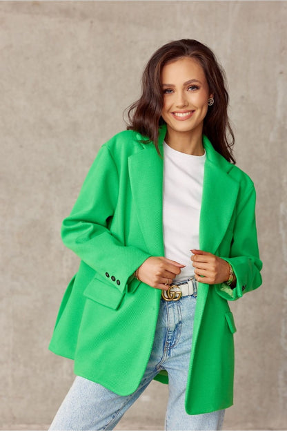 Vibrant green voluminous jacket by Roco Fashion, designed with a decorative collar and imitation pockets, complemented by a simple white top and light blue jeans for a stylish and fresh outfit.