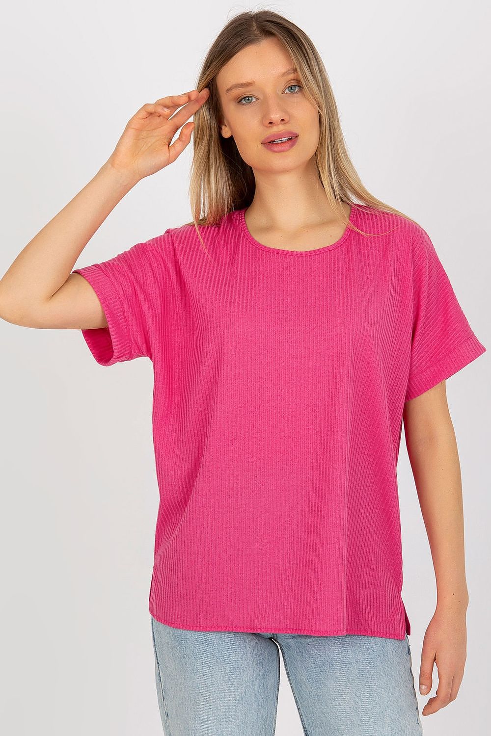 Luxury loose fit ribbed cotton blouse in vibrant pink by Lakerta, featuring short sleeves and a round neckline, perfect for elegant everyday wear.